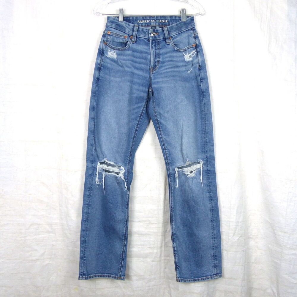 American Eagle Curvy Straight Jeans Women 2R Blue Medium Wash Distressed Stretch